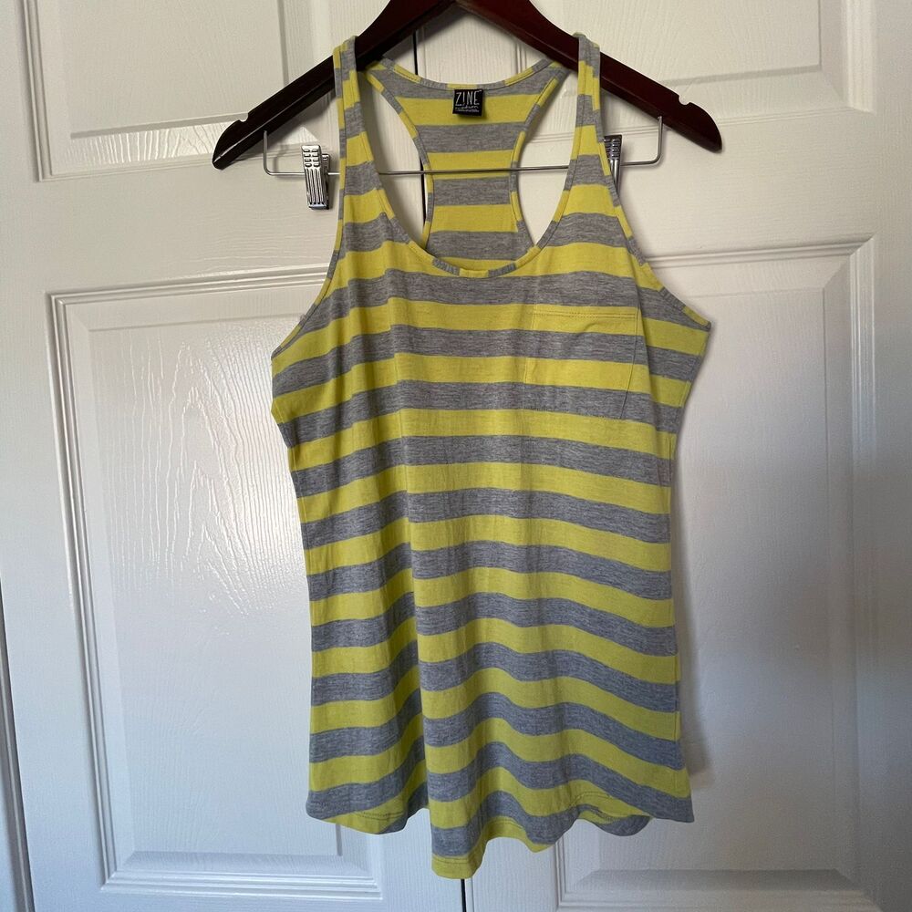Zine Womens M Yellow Grey Striped Pocket Racerback Tank Top Casual Shirt - Picture 2 of 7